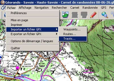 Conseils d'utilisation du logiciel de randonnée Géorando : importer un tracé du gps vers la carte topographique